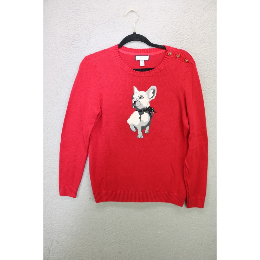 Charter Club Red Sweater w/Dog Rhinestones-Medium-Button Shoulder-Preppy-Holiday